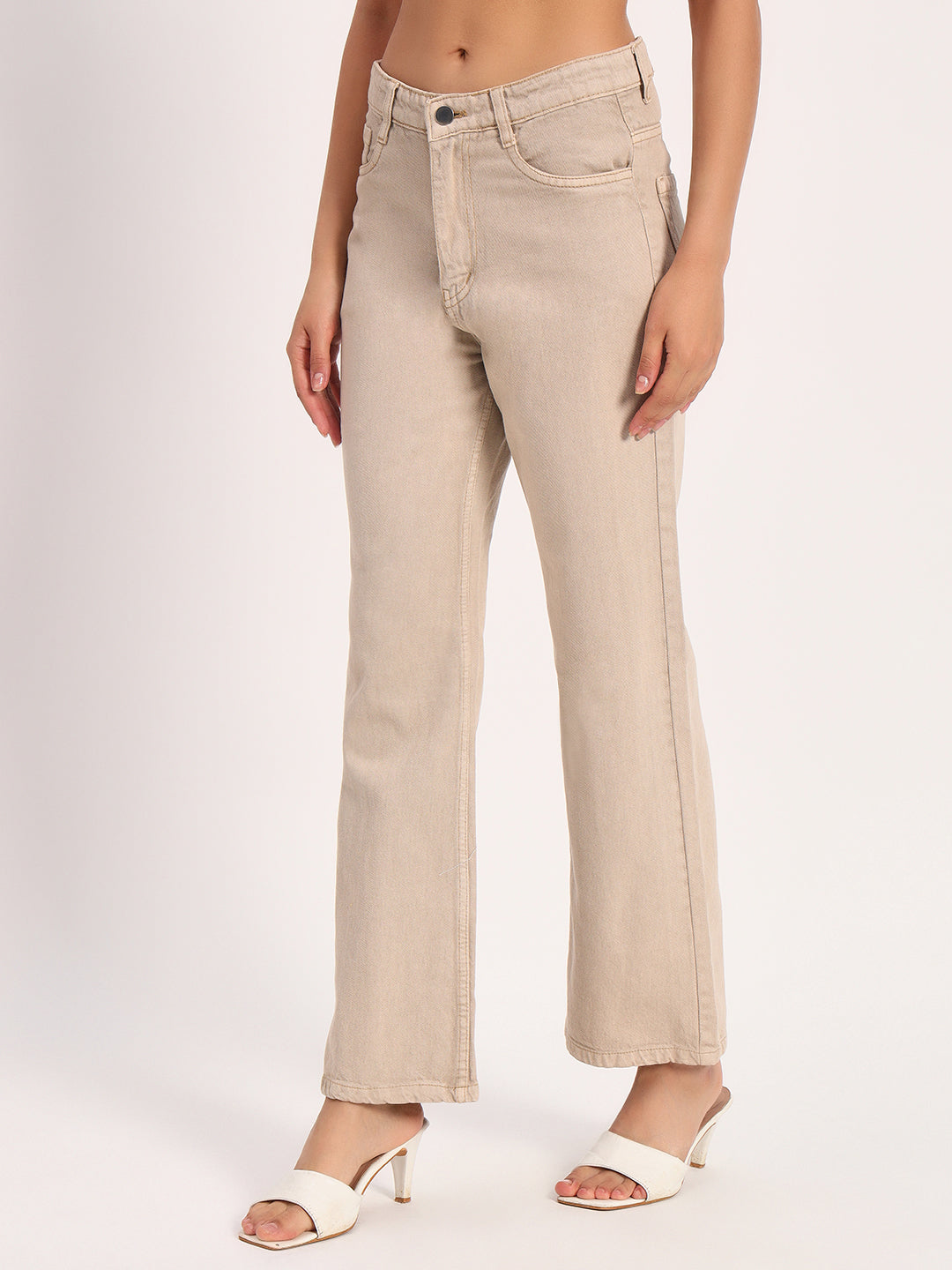 Beige Straight Fit Wide Leg Jeans