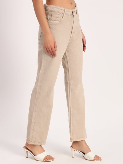 Beige Straight Fit Wide Leg Jeans