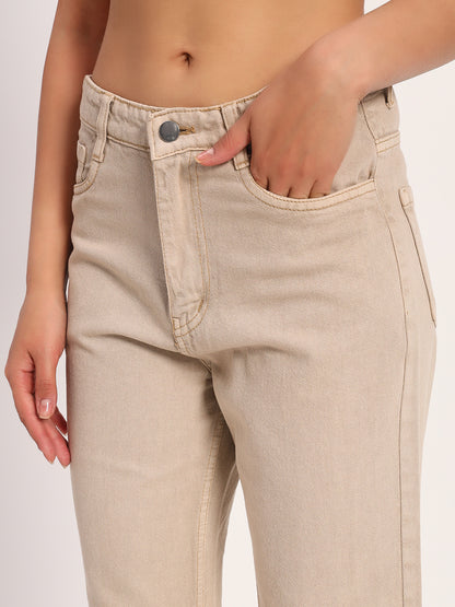 Beige Straight Fit Wide Leg Jeans