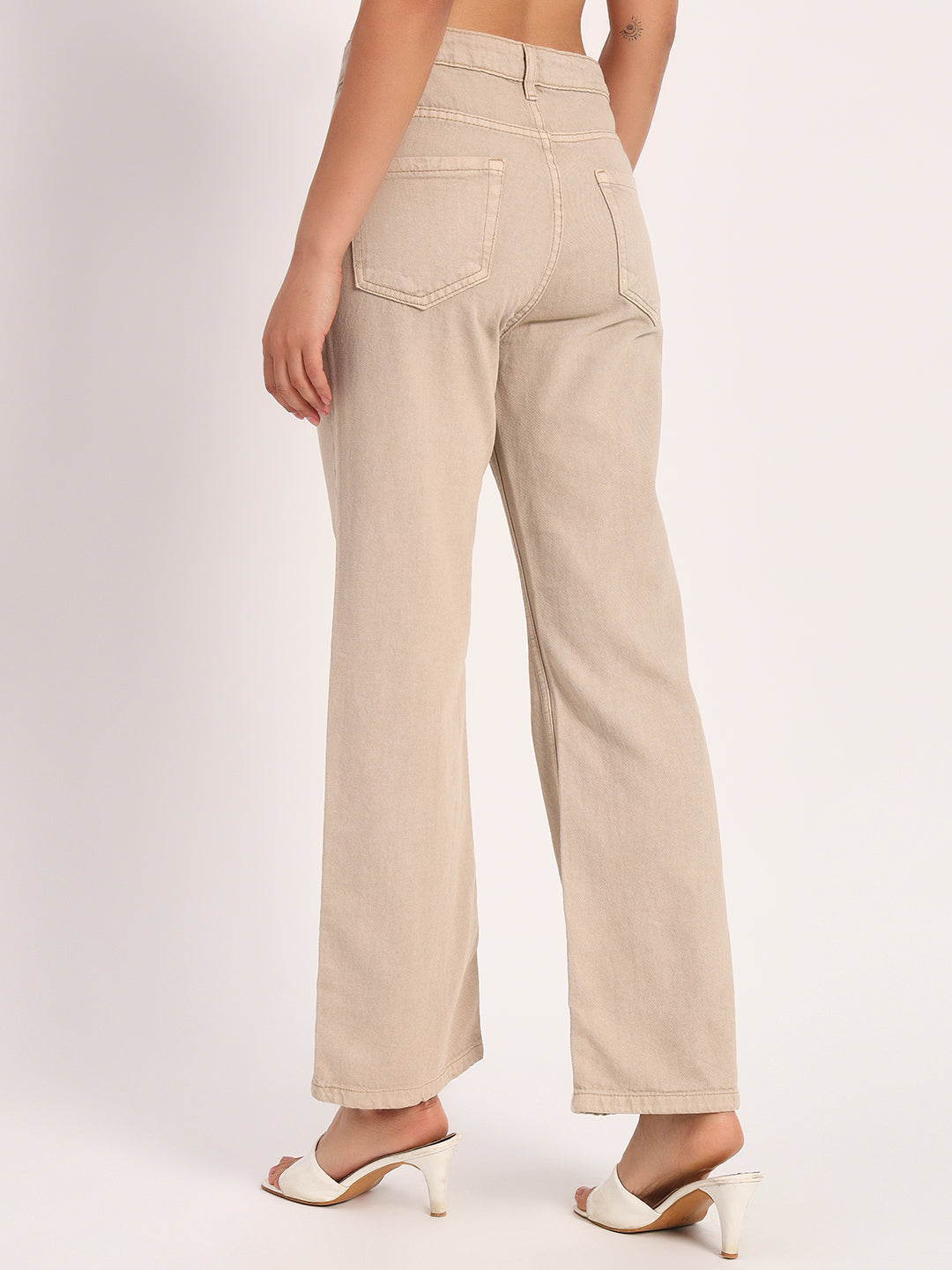 Beige Straight Fit Wide Leg Jeans