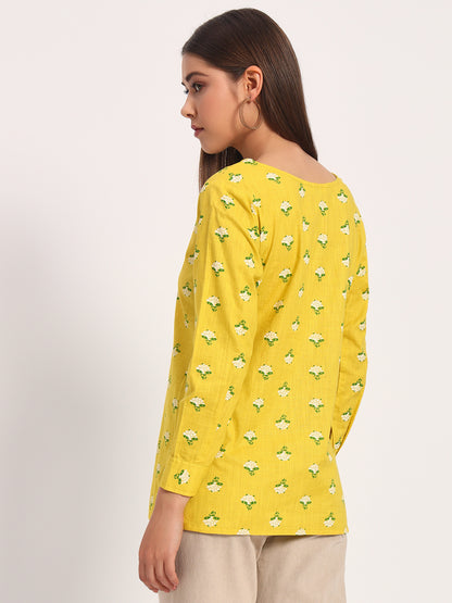 Yellow Floral Print V Neck Shirt