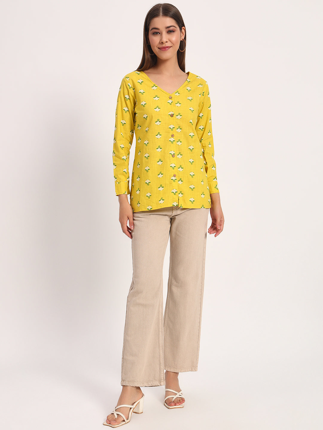 Yellow Floral Print V Neck Shirt