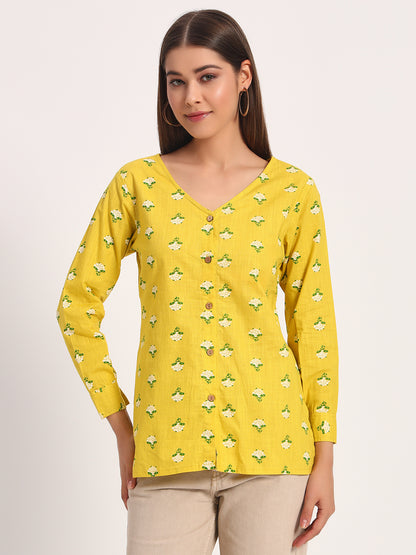 Yellow Floral Print V Neck Shirt