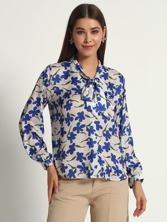 Blueberry Floral Print Bow Shirt