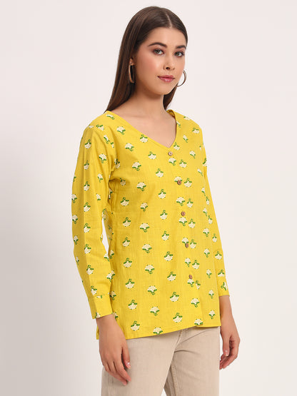 Yellow Floral Print V Neck Shirt