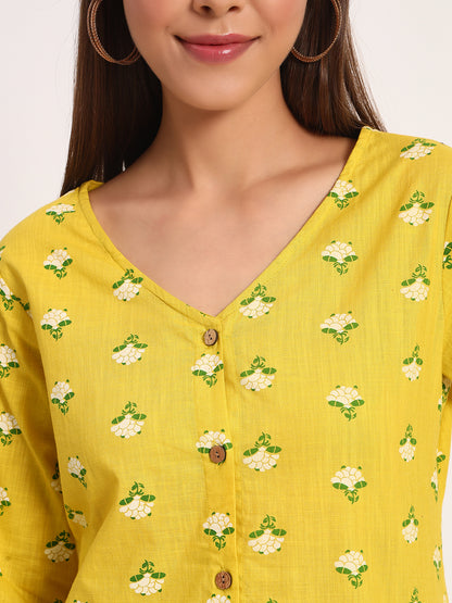 Yellow Floral Print V Neck Shirt