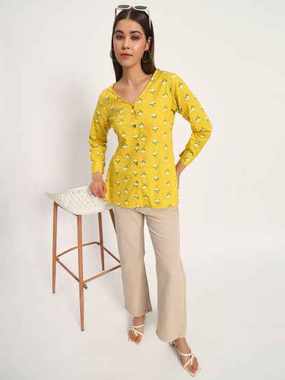 Yellow Floral Print V Neck Shirt