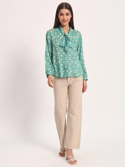 Green Damask Print Bow Shirt