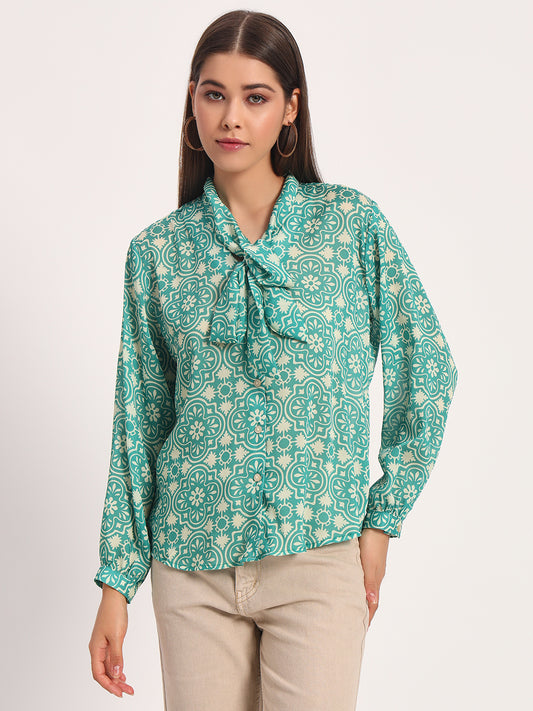 Green Damask Print Bow Shirt