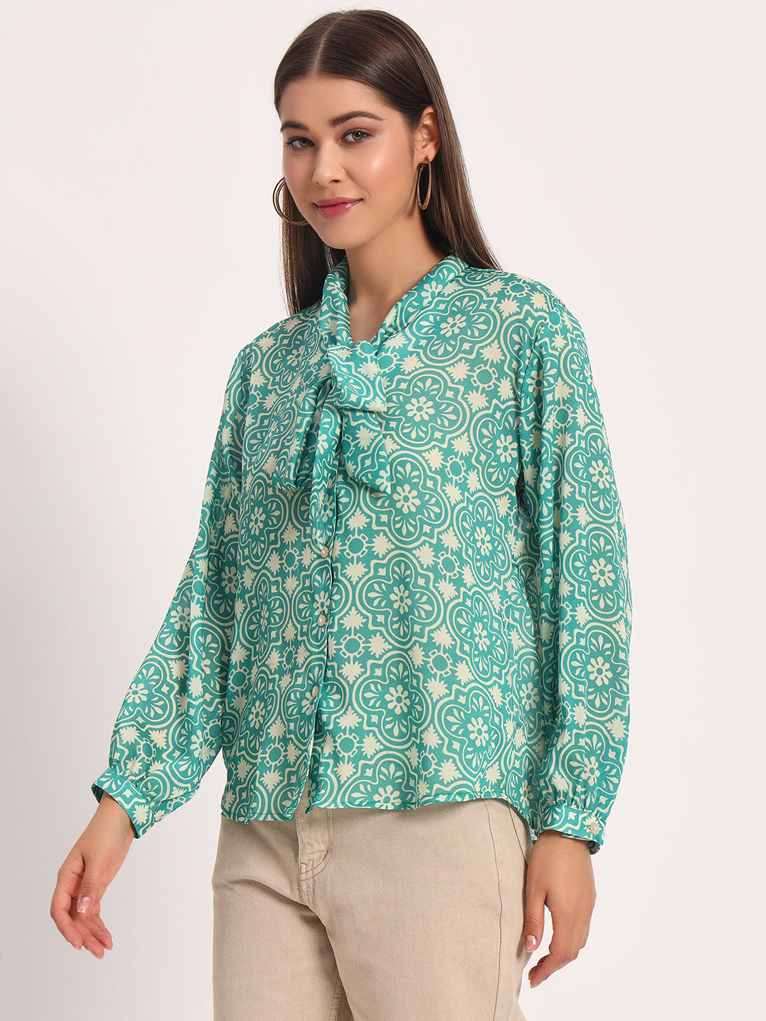 Green Damask Print Bow Shirt