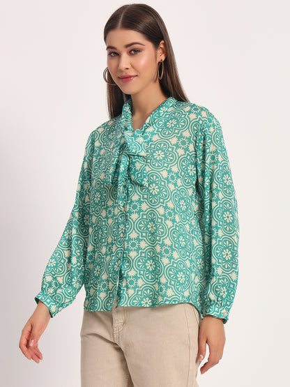 Green Damask Print Bow Shirt
