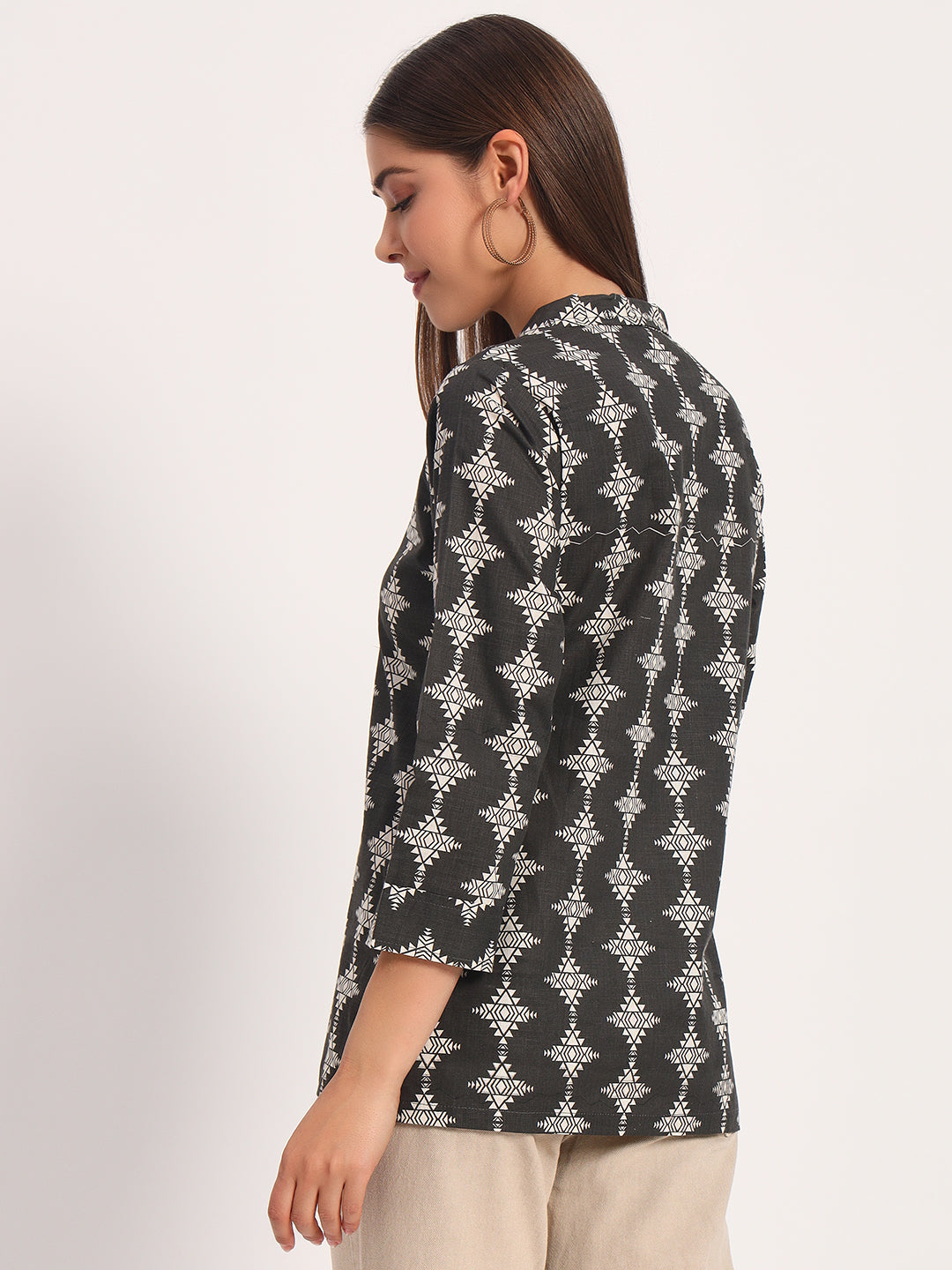 Black Tribal Print Lapel Collar Shirt