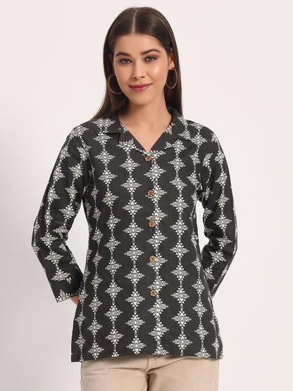 Black Tribal Print Lapel Collar Shirt