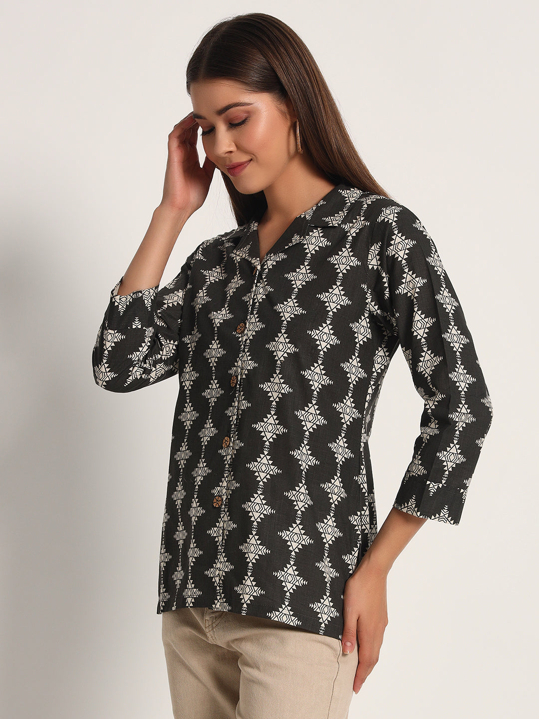 Black Tribal Print Lapel Collar Shirt