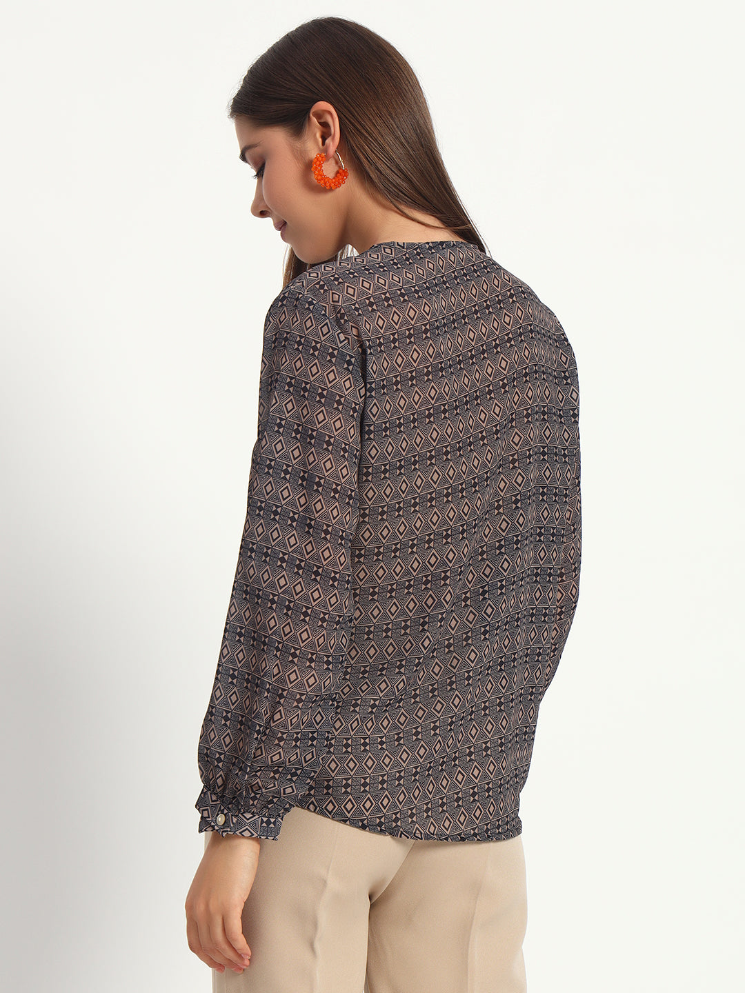 Brown Geometric Print V Neck Shirt