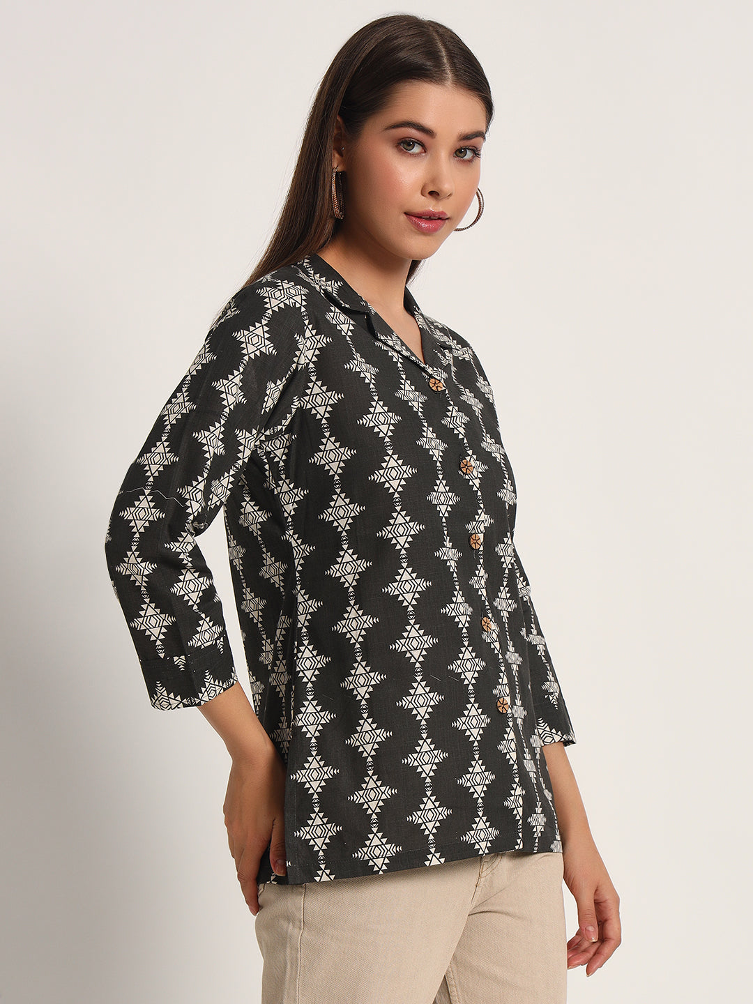 Black Tribal Print Lapel Collar Shirt