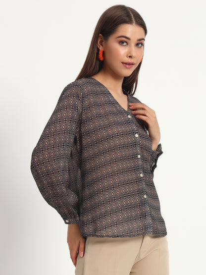 Brown Geometric Print V Neck Shirt