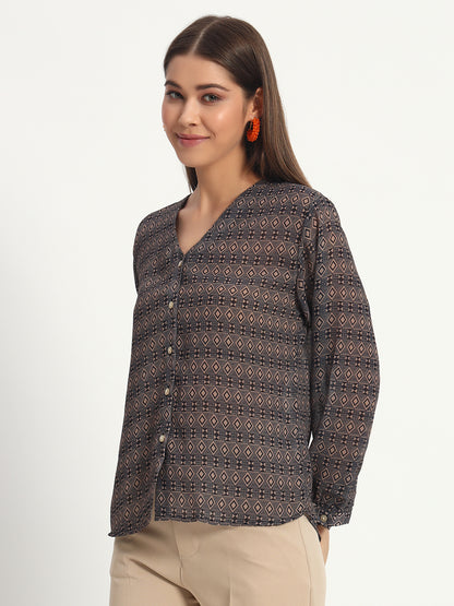 Brown Geometric Print V Neck Shirt