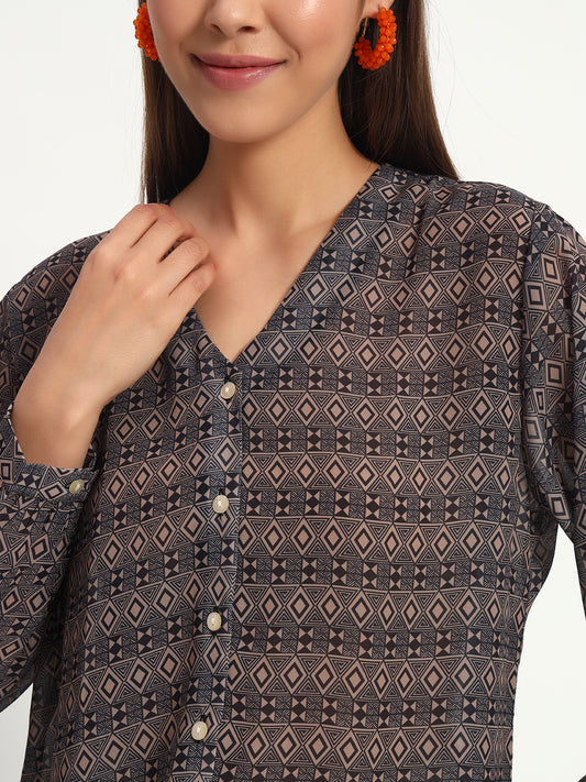 Brown Geometric Print V Neck Shirt