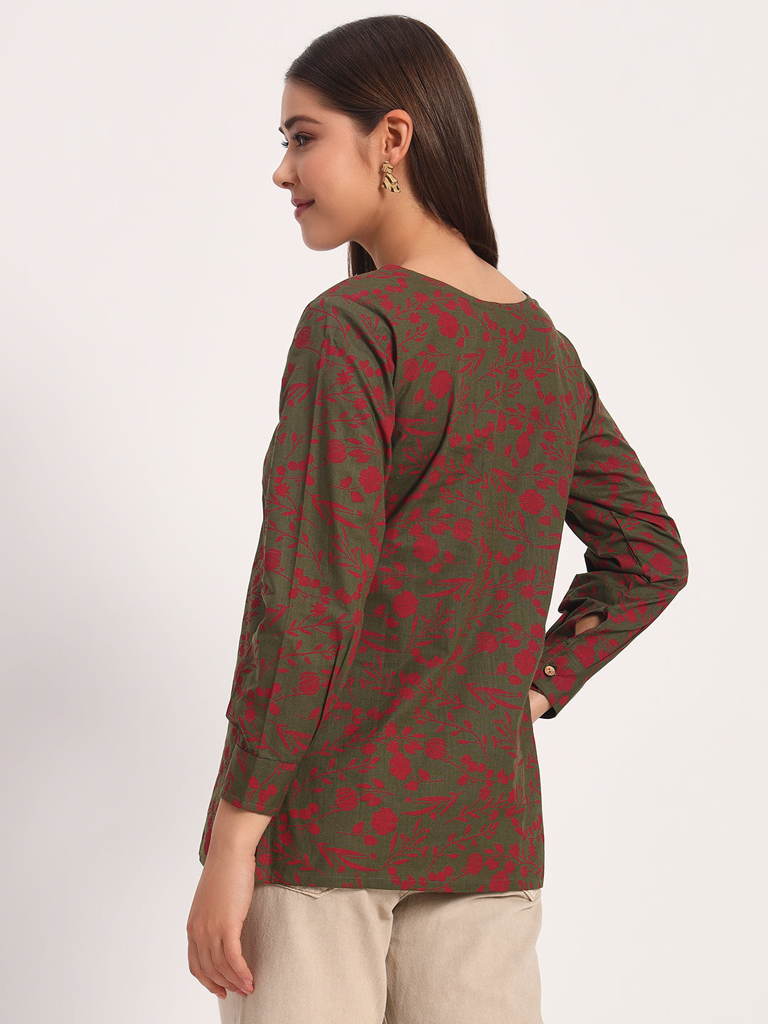 Olive V Neck Printed Shirt