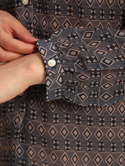 Brown Geometric Print V Neck Shirt