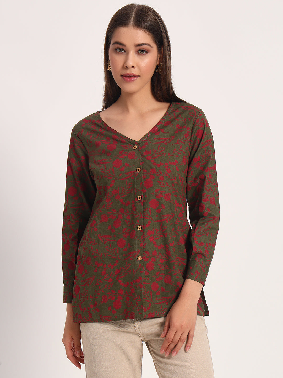 Olive V Neck Printed Shirt