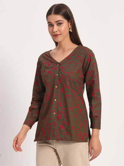 Olive V Neck Printed Shirt