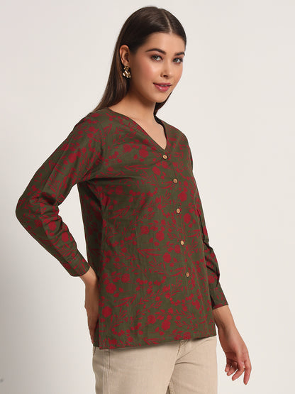 Olive V Neck Printed Shirt