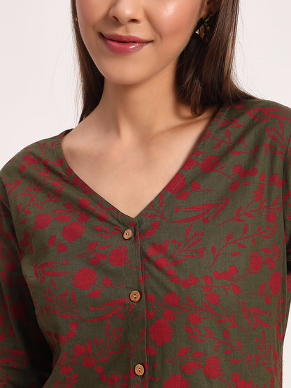 Olive V Neck Printed Shirt