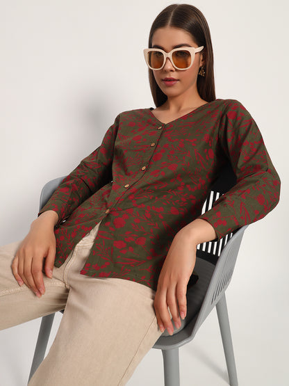 Olive V Neck Printed Shirt