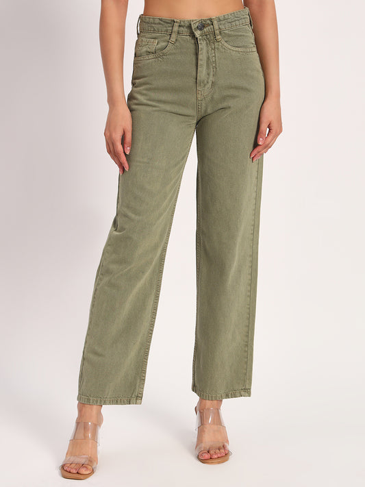 Olive Green Straight Fit Wide Leg Jeans