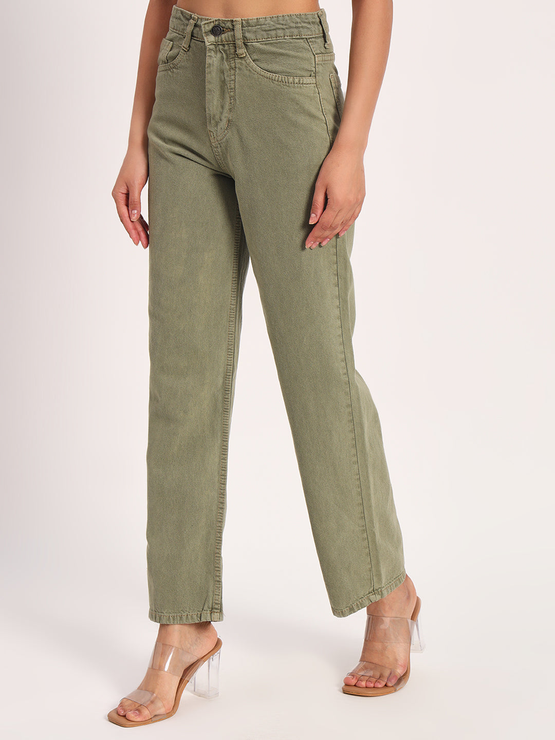 Olive Green Straight Fit Wide Leg Jeans