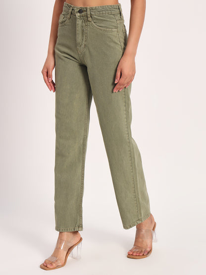 Olive Green Straight Fit Wide Leg Jeans