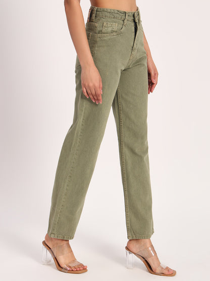 Olive Green Straight Fit Wide Leg Jeans