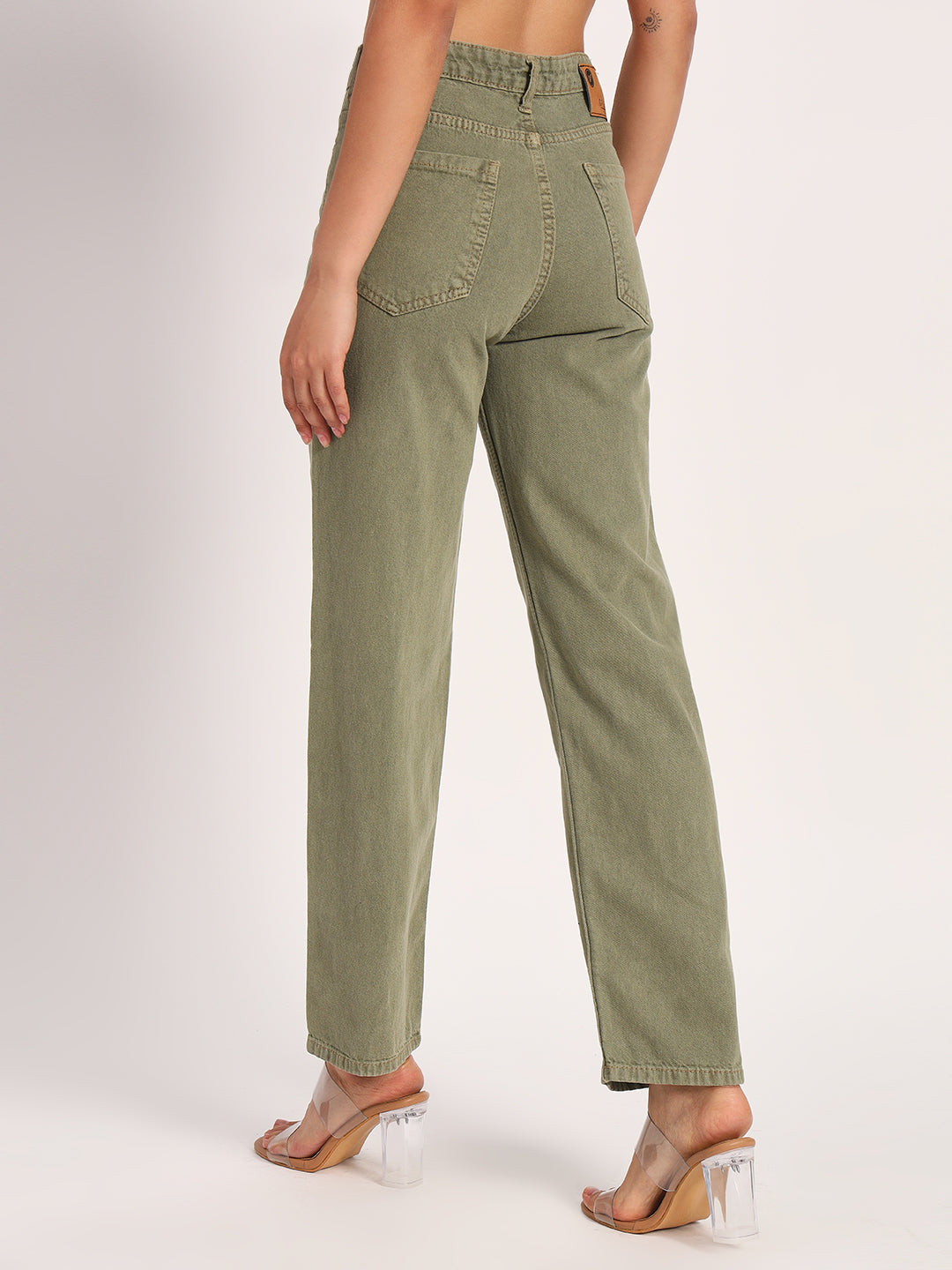 Olive Green Straight Fit Wide Leg Jeans