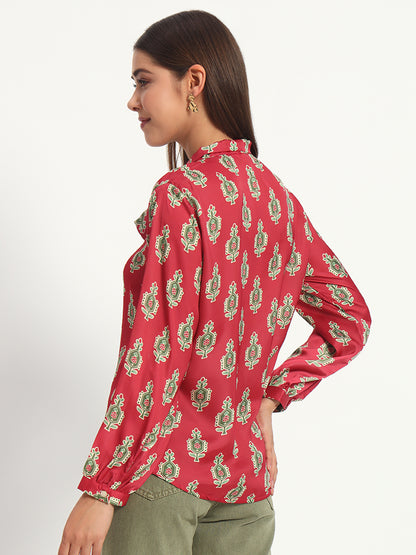 Cadmium Red Printed Bow Shirt