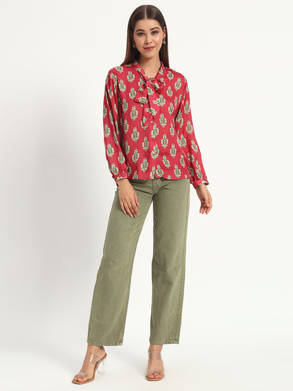 Cadmium Red Printed Bow Shirt
