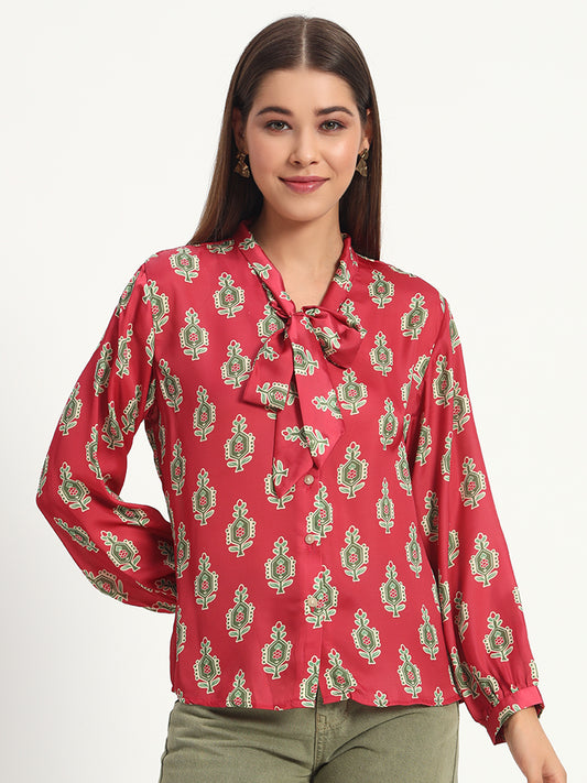 Cadmium Red Printed Bow Shirt