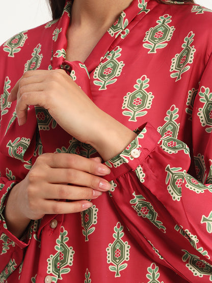 Cadmium Red Printed Bow Shirt