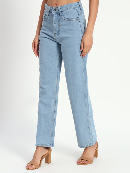 Blue Denim Straight Fit Wide Leg Jeans