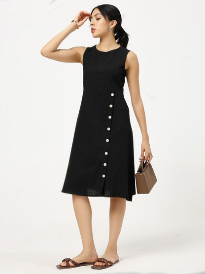 Black Buttoned A-Line Dress