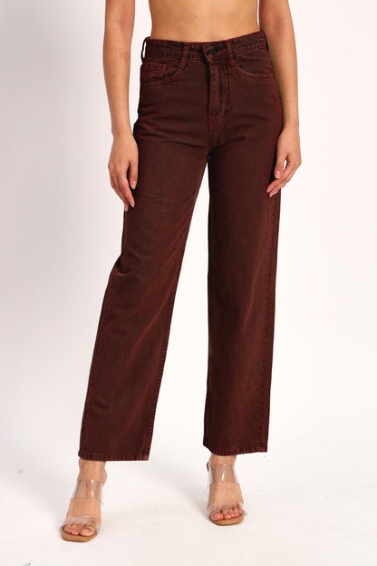 Brown Denim Straight Fit Wide Leg Jeans