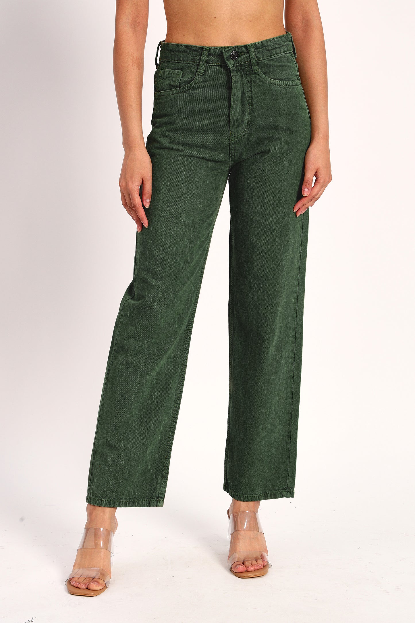 Bottle Green Denim Straight Fit Wide Leg Jeans