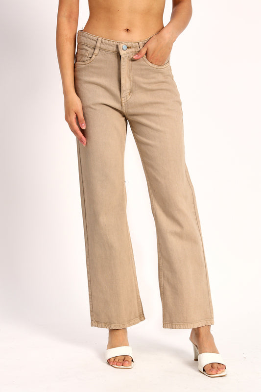 Dark Beige Denim Straight Fit Wide Leg Jeans