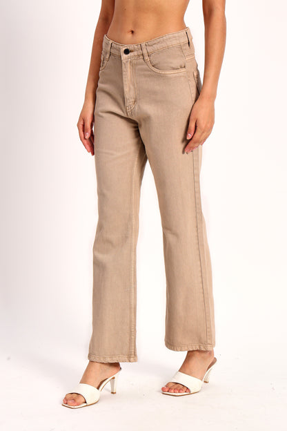 Dark Beige Denim Straight Fit Wide Leg Jeans