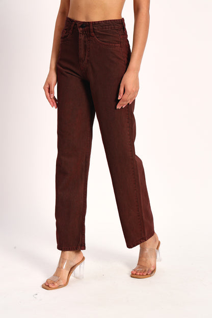 Brown Denim Straight Fit Wide Leg Jeans