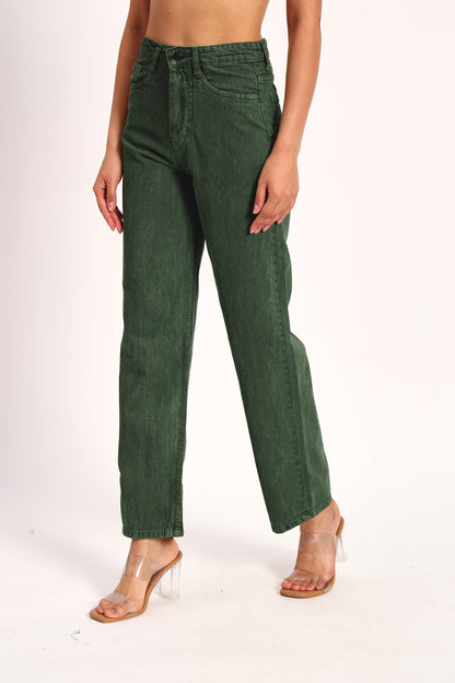 Bottle Green Denim Straight Fit Wide Leg Jeans