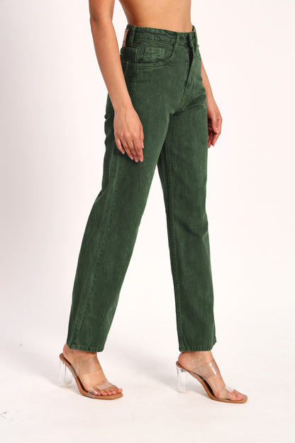 Bottle Green Denim Straight Fit Wide Leg Jeans