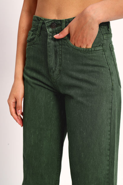 Bottle Green Denim Straight Fit Wide Leg Jeans