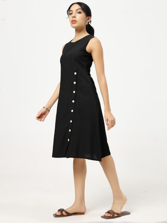 Black Buttoned A-Line Dress
